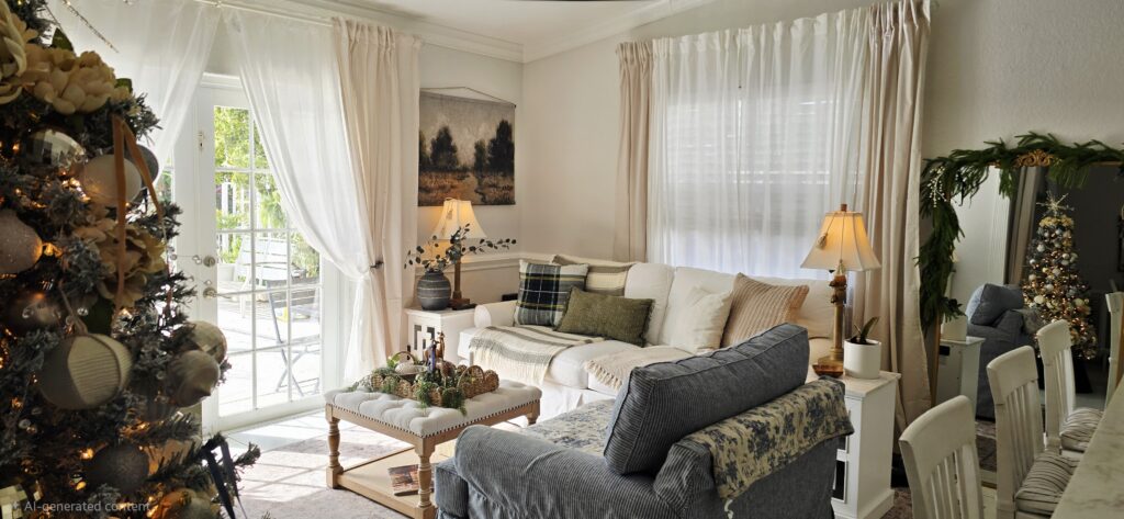 family room white sofa tartan green throw pillow and a moody tree landscape