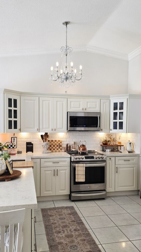 All white kitchen with a touch of elegant Christmas decor.