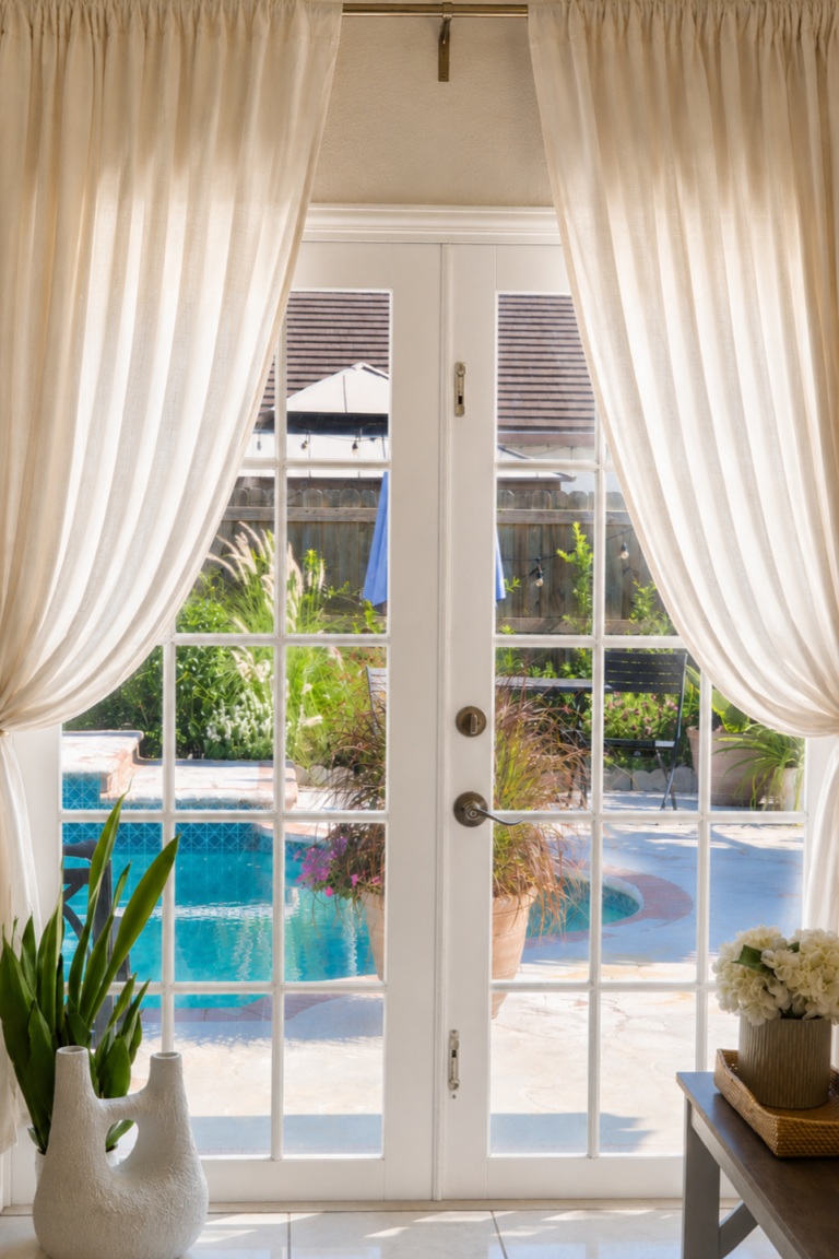 White French doors opening to a lush backyard garden with a pool, creating a bright and peaceful indoor-outdoor living space.