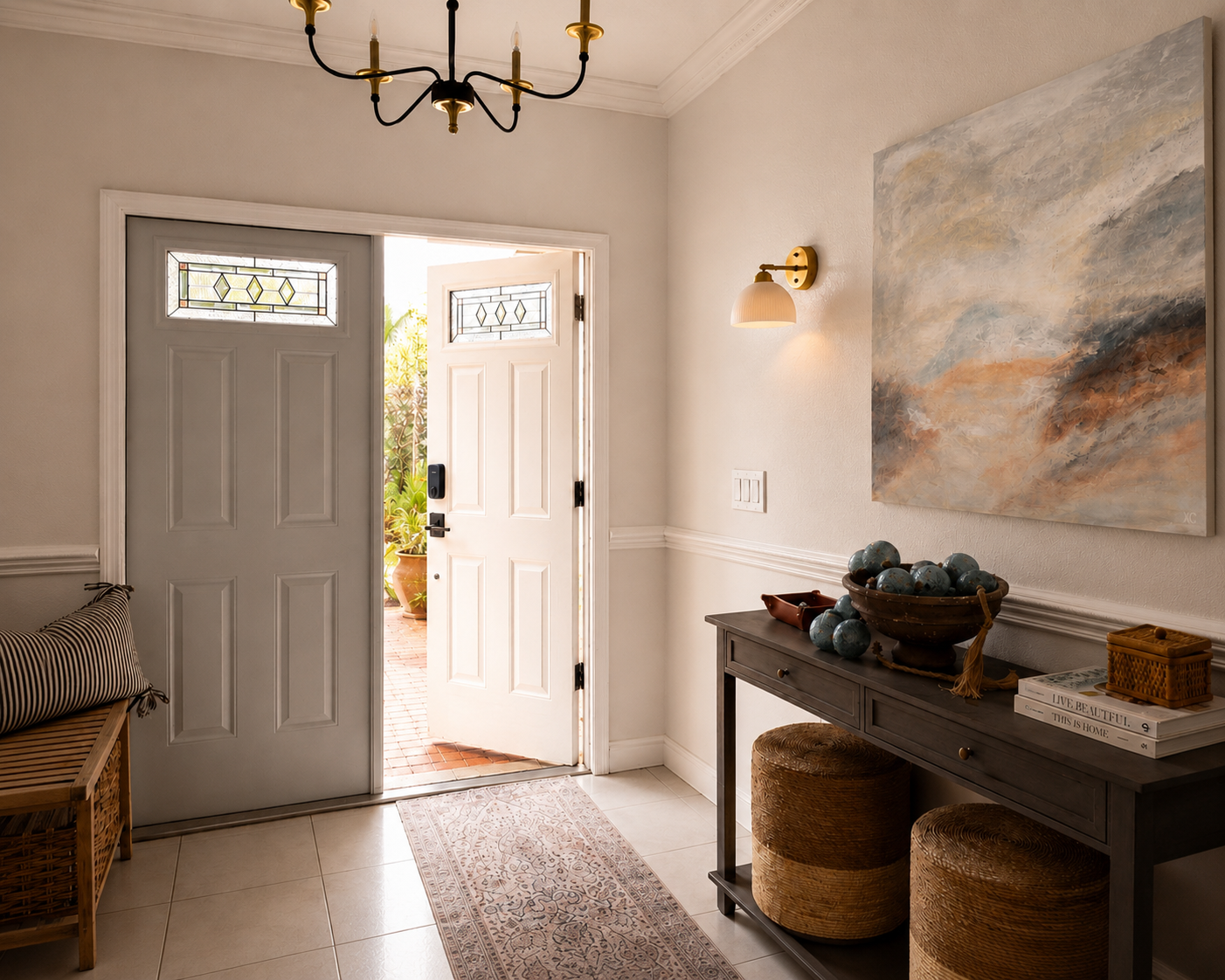 Welcoming front entry with an open door, natural textures, and a warm neutral color palette.