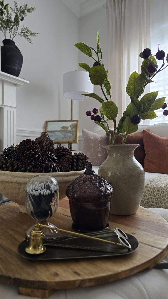 Subtle fall decor with pinecones, warm brown accents, berry stems, and rust-colored pillows in a bright living room.