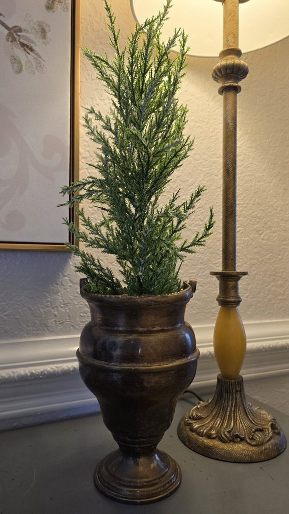 A close-up of an aged brass urn with a green plant, showing its patina, beside an ornate lamp base.